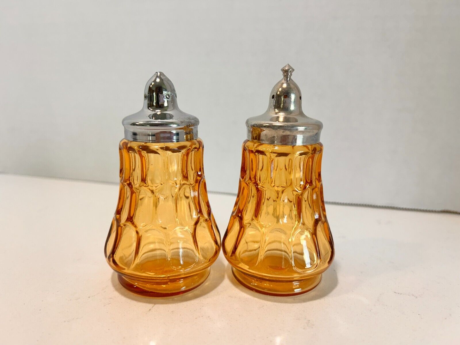 Vintage Fenton Thumbprint Colonial Amber Glass Salt and Pepper Shakers