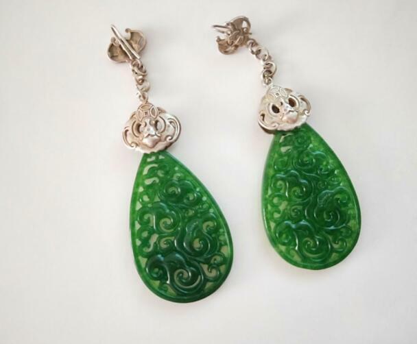 Chinese Antique Retro Tibetan Silver Hook Earrings Natural Jade Pendant Jewelry