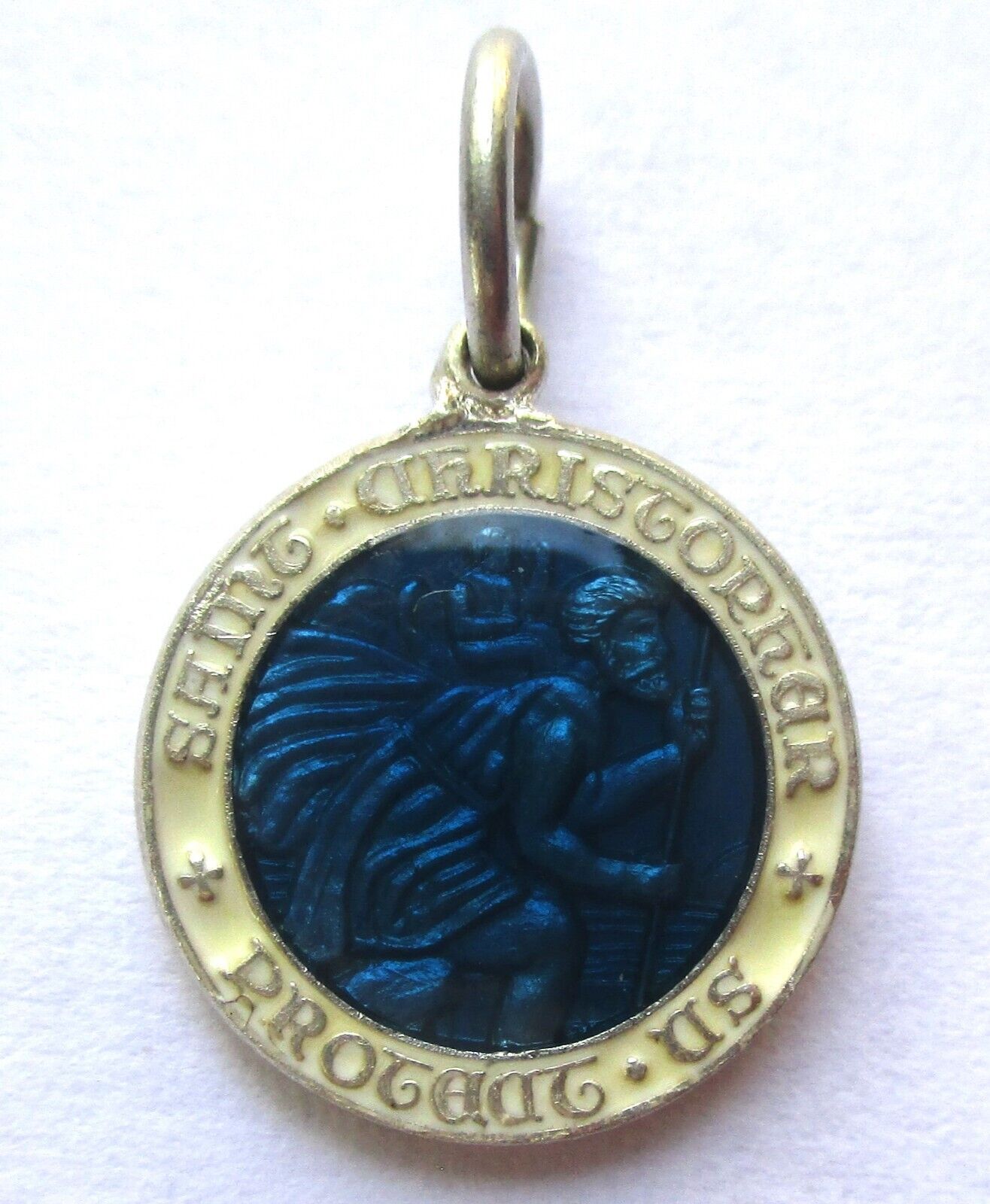 SMALL VINTAGE STERLING SILVER BLUE ENAMEL SAINT CHRISTOPHER MEDAL CHARM CREED