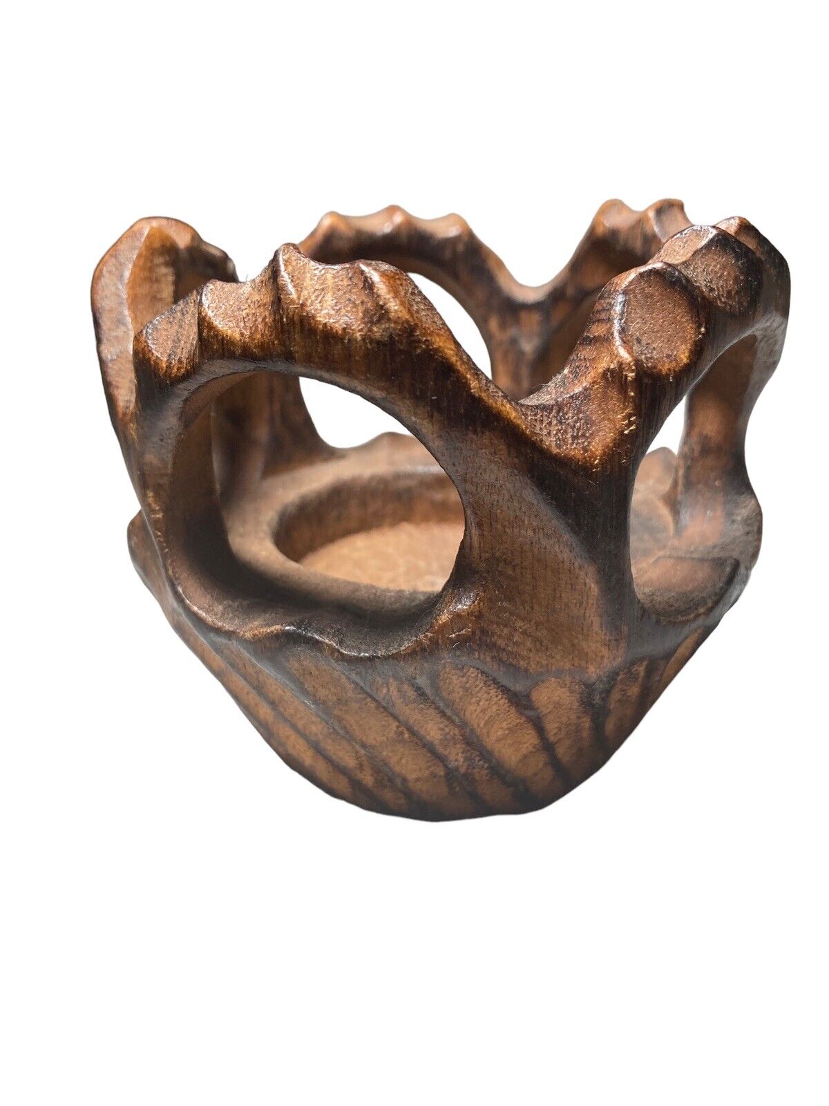 CANDLE VOTIVE HOLDER Vintage HAND CARVED Wood Chinese Craftsman