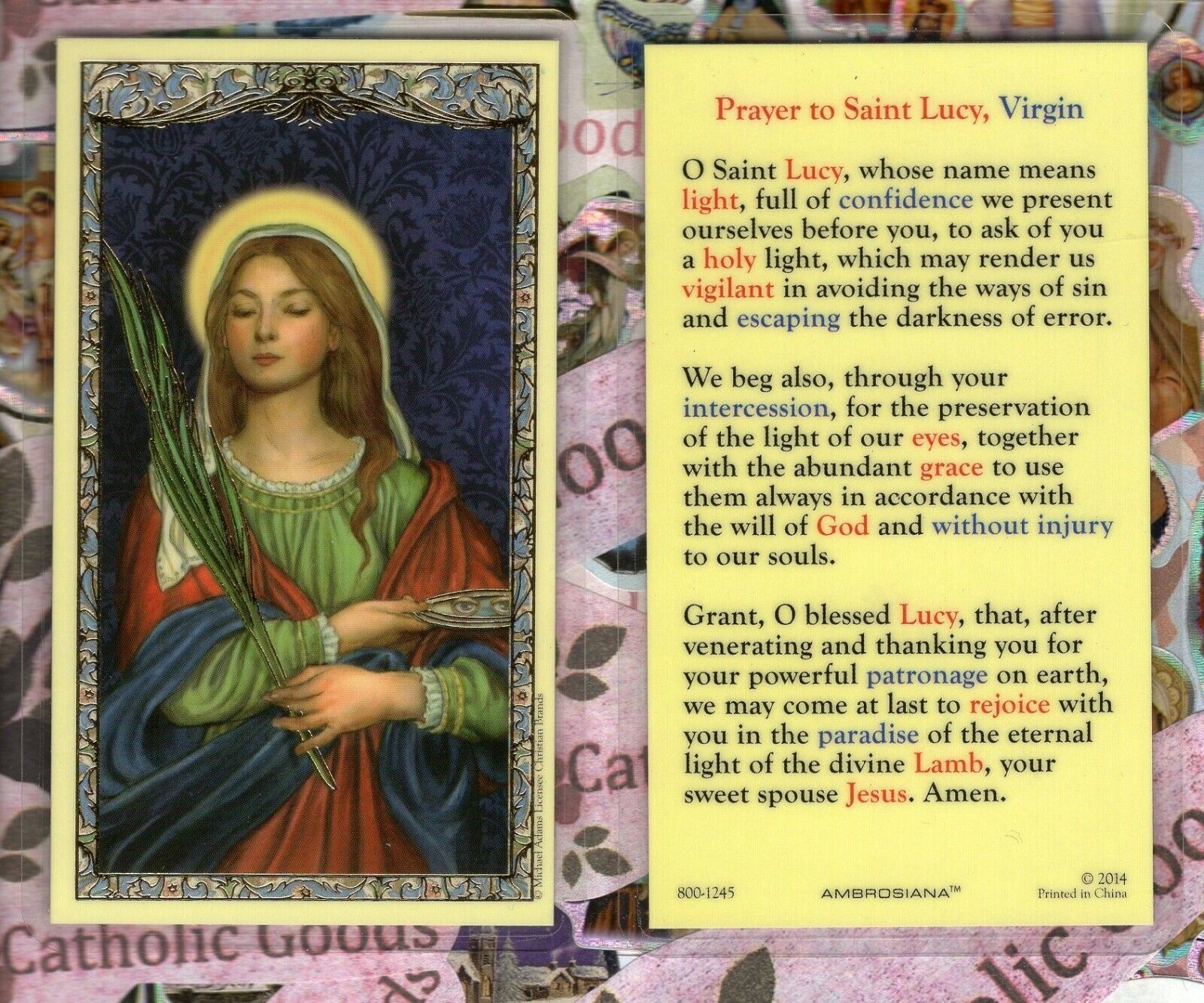 Saint St. Lucy + Prayer to St. Lucy - Laminated  Holy Card 800-1245