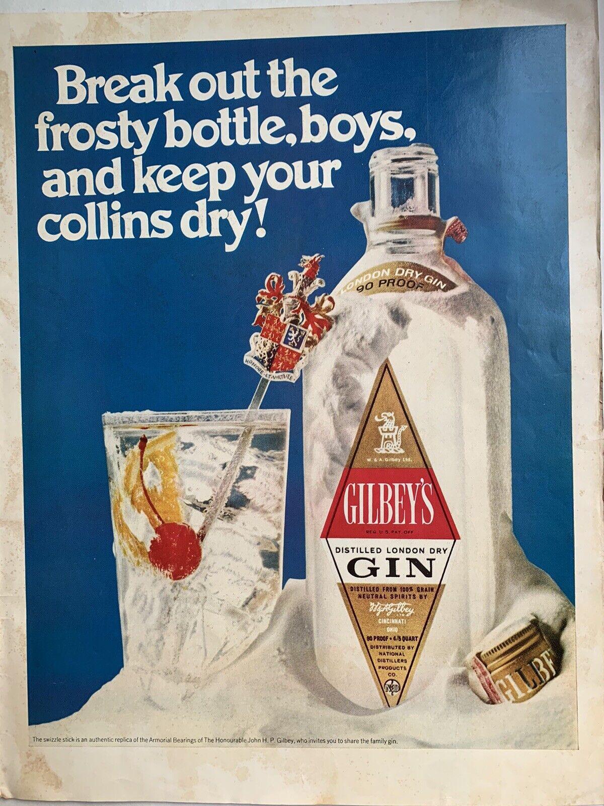 Gilbey's London Dry Gin Print Ad 1968 Frosty Bottle 14