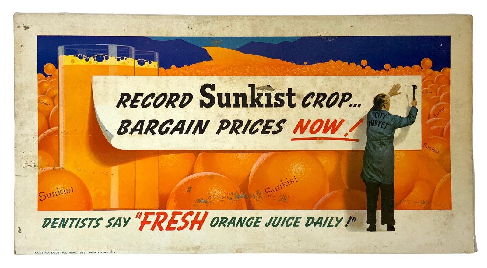 1938 Rare BUS TROLLEY CAR ADVERTISING SIGN Sunkist Juice ORANGES Burroughs art