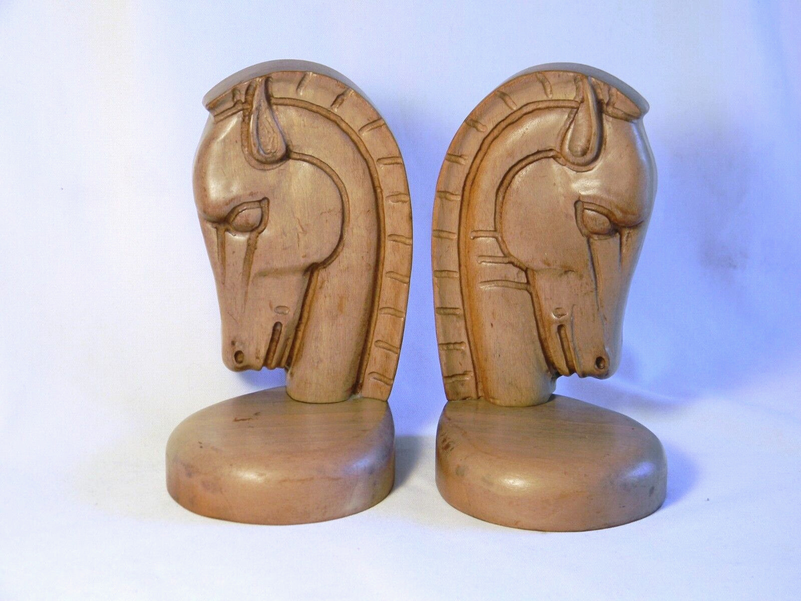 Vintage Hand Carved Wood Art Deco Trojan Horse Head Bookends