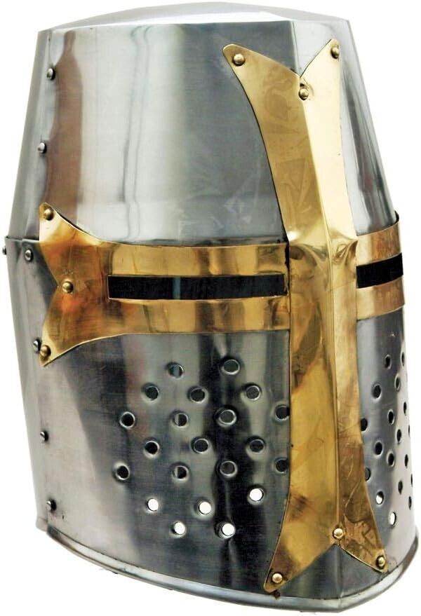 18-Guage STEEL Medieval Crusader Helmet Metal, Mason\'s Brass Cross, w Liner, NEW