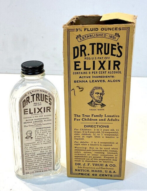 DR. TRUE\'S medicine ELIXIR antique medical BOX CONTAINER empty BOTTLE natick MA