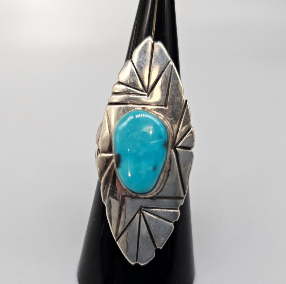 Vintage Navajo Kingman Turquoise Ring, Sterling Silver Size 7\