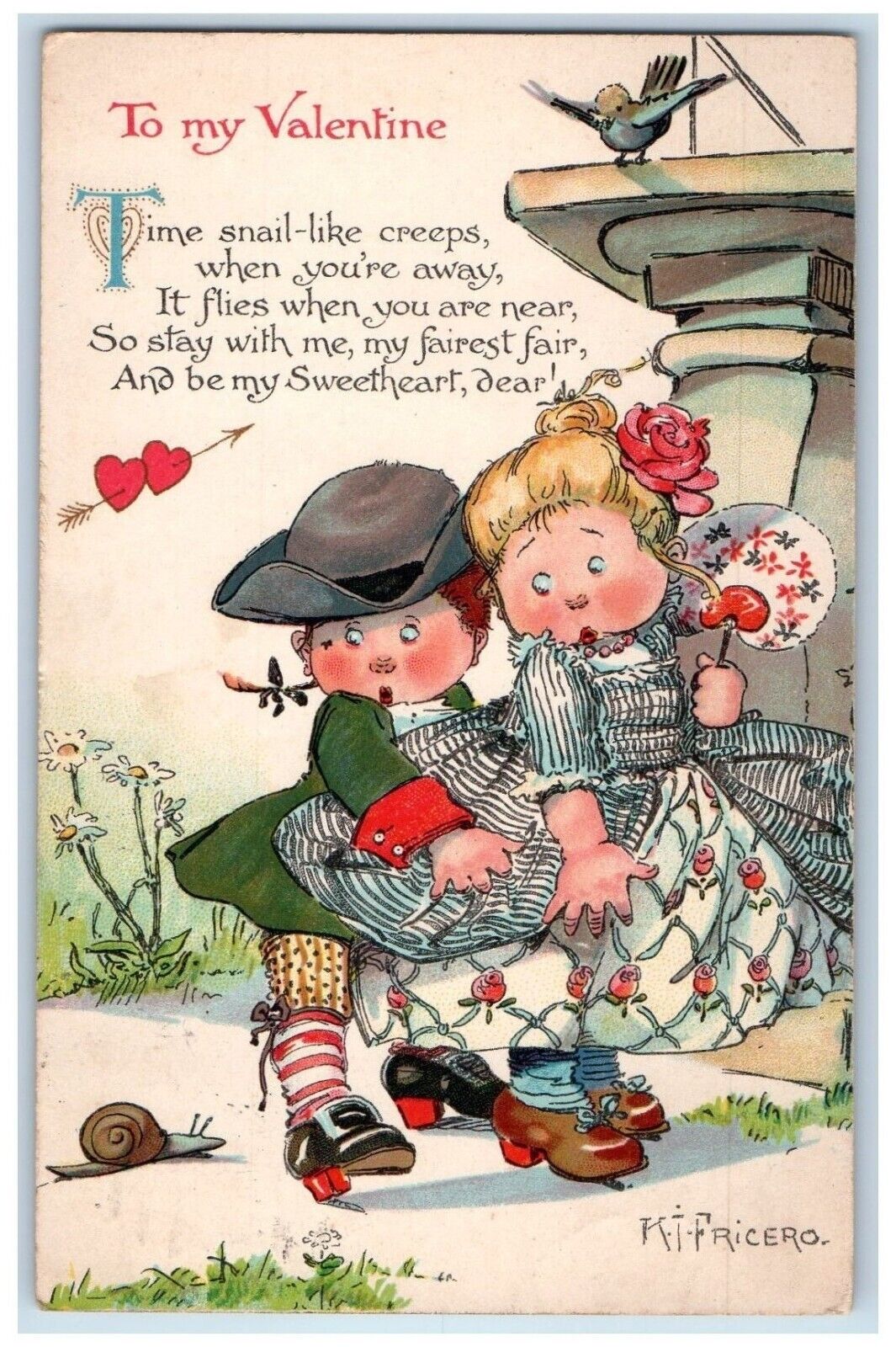 c1910\'s Valentine Children Scared Snail Bird Fan Posted Antique RPO Postcard