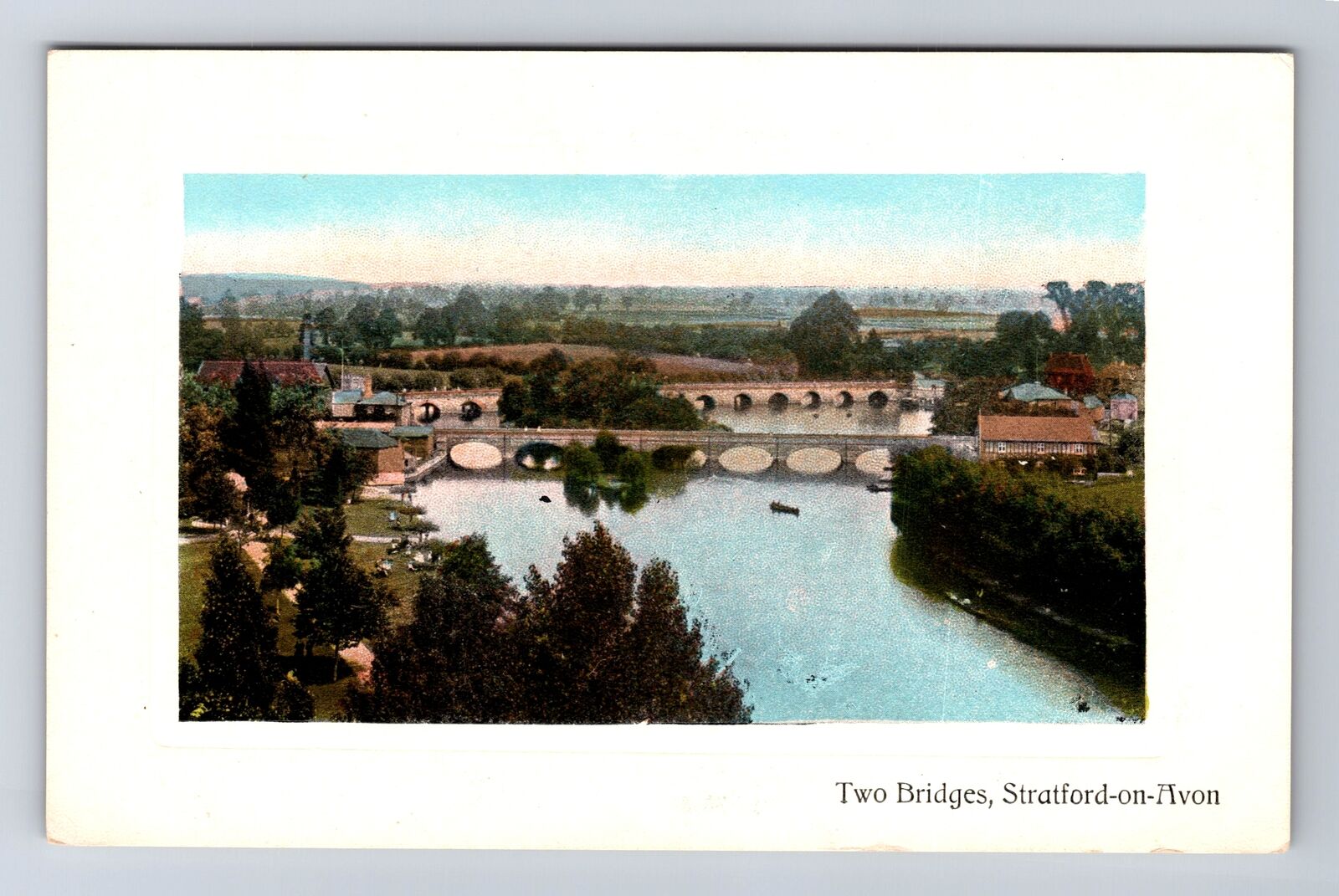 Stratford-upon-Avon-England, Aerial Two Bridges, Antique, Vintage Postcard