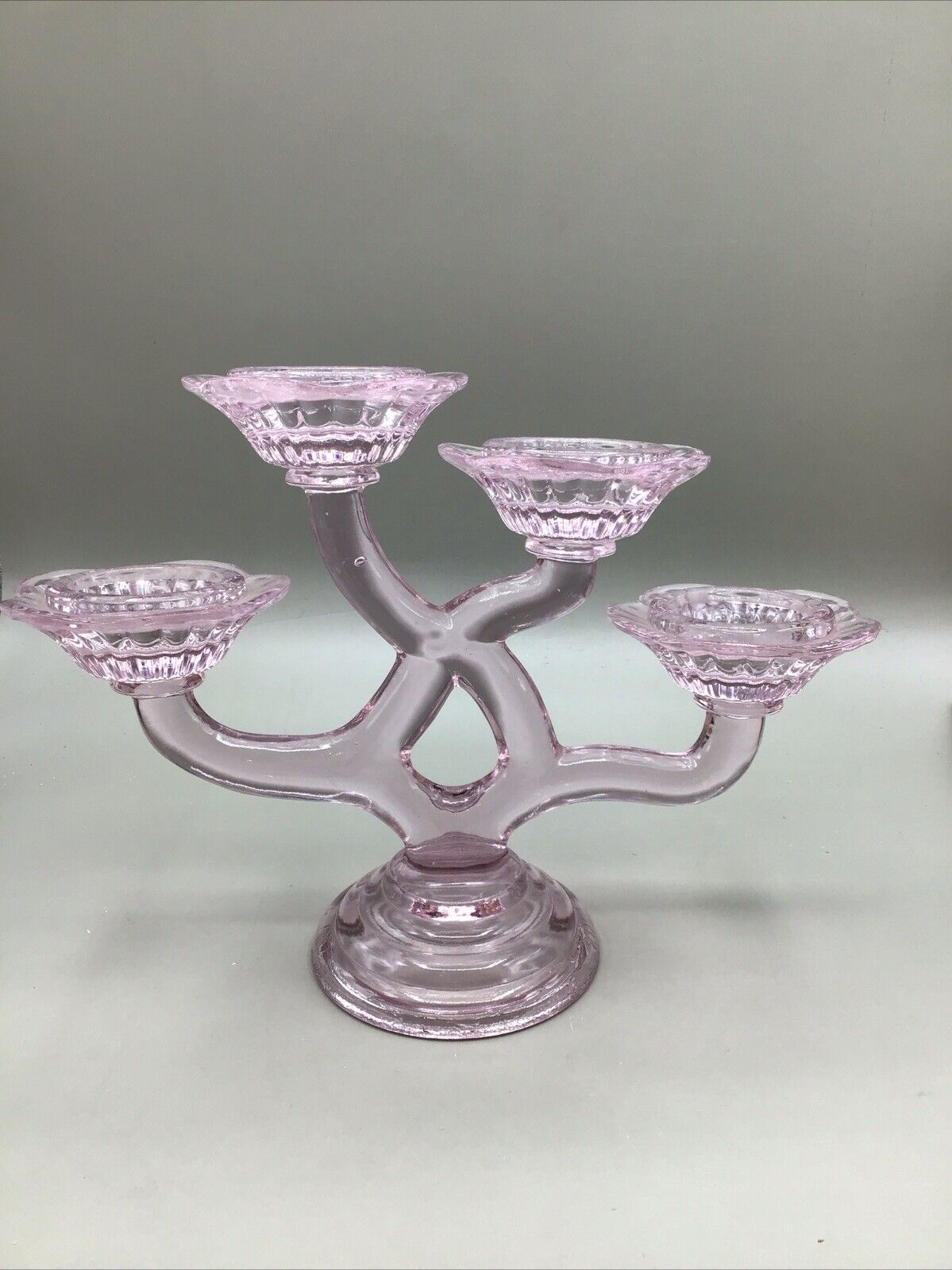 Vintage Blush Pale Pink Art Glass Four Candle Candelabra. 9.5” L x 7” High.