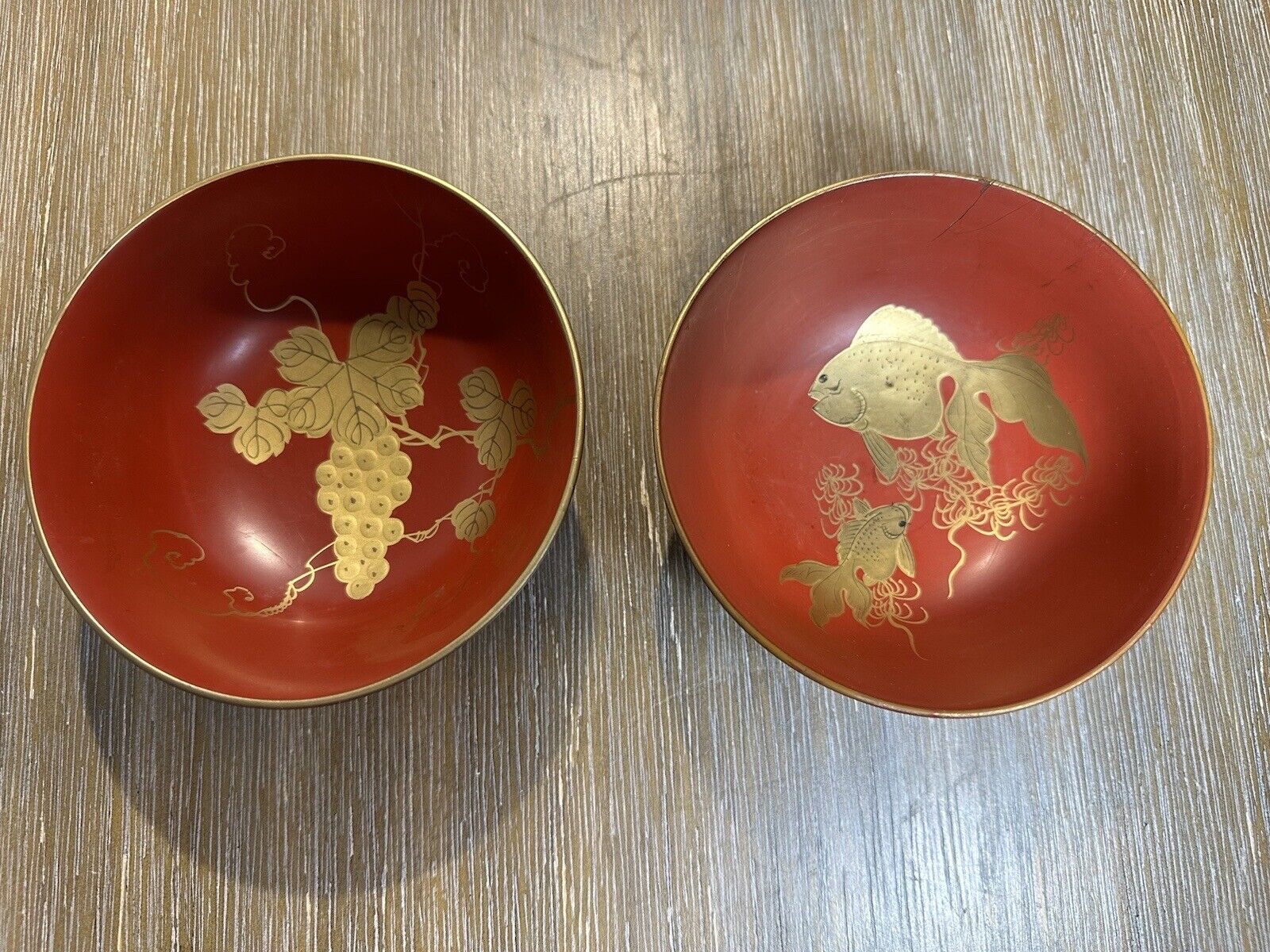Two VTG/Antique Asian Lacquer Ware Bowls - Goldfish & Grapes Design in Gold