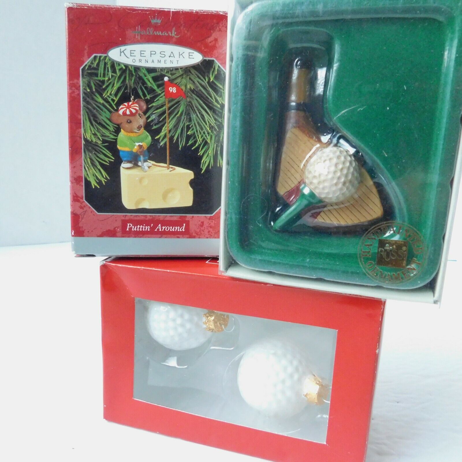Christmas Golf Ornaments Russ Hallmark Glass Resin, lot of 3, New In Box, Mouse