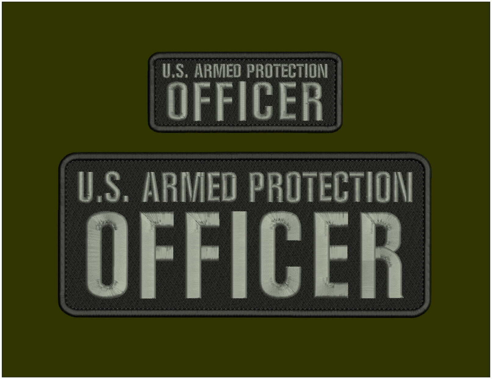 U.S. ARMED PROTECTION OFFICER EMB PATCH 4X10 AND 2X5 HOOK ON BACK GRAY ON BLACK