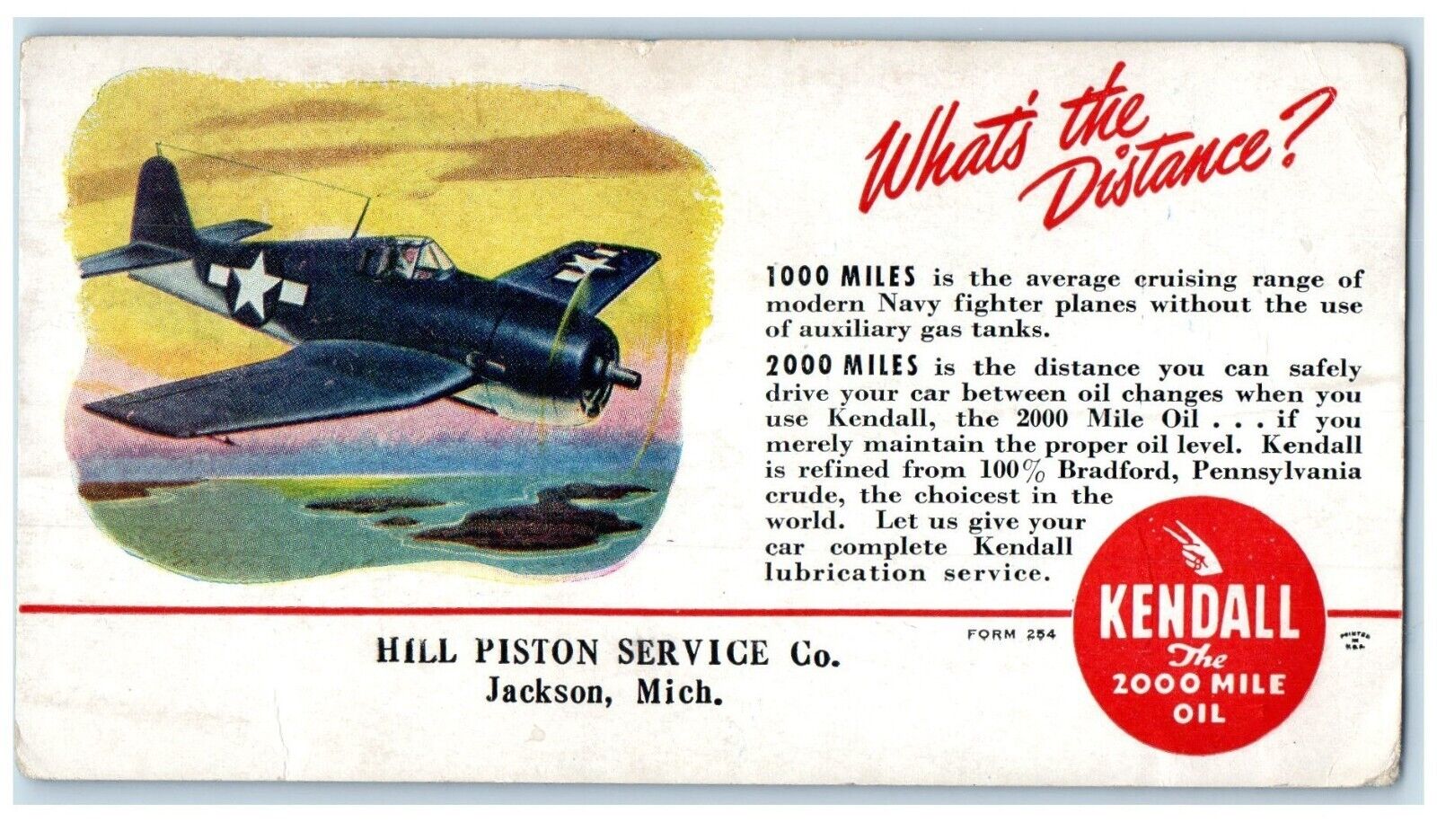 Hill Piston Service Co Jackson MI Kendall The 2000 Mile Oil Ink Blotter Postcard