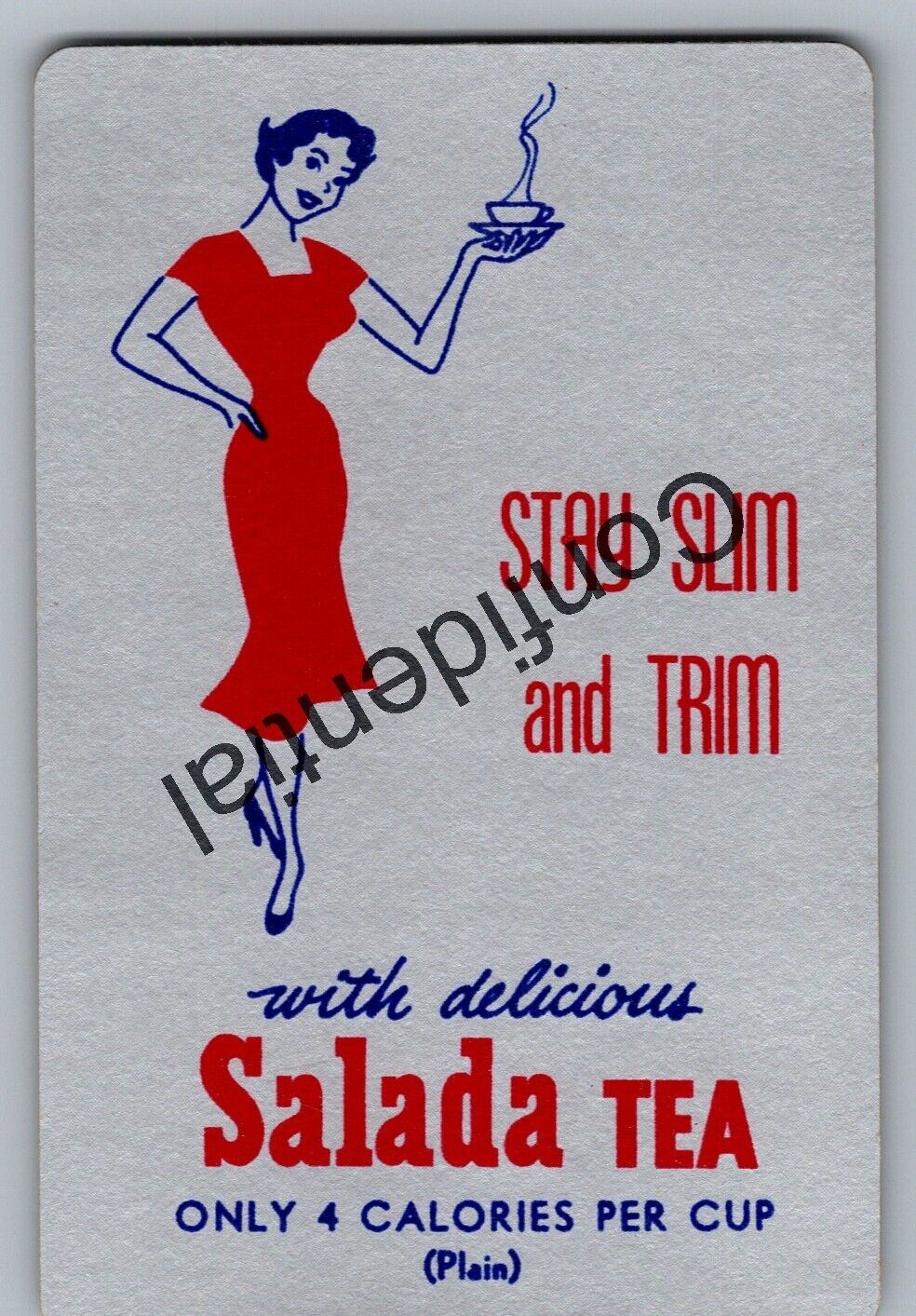 Vintage Salada Tea Advertising Calorie Chart Card Woman w/ Steaming Tea Cup H84F