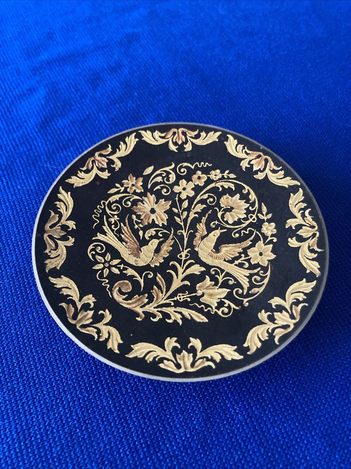 Vintage Damascene Toledo Spain Miniature Plate Inlaid Gold and Black - Footed 3”