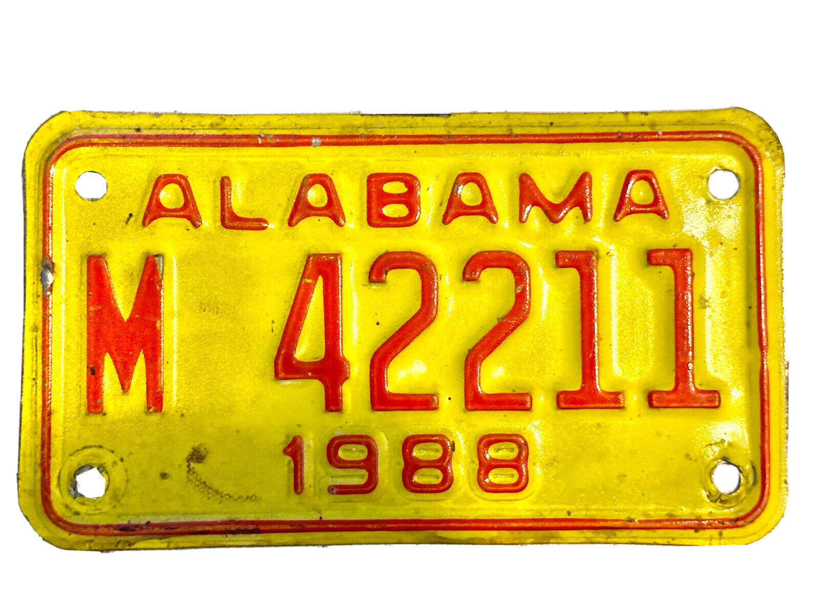 Alabama Vintage 1988 Red On Yellow Motorcycle License Plate  No. M  42211