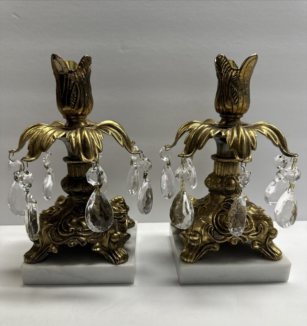 Set of 2 (pair) Hollywood Regency Candle Sticks Prisms Metal Brass Marble 8\