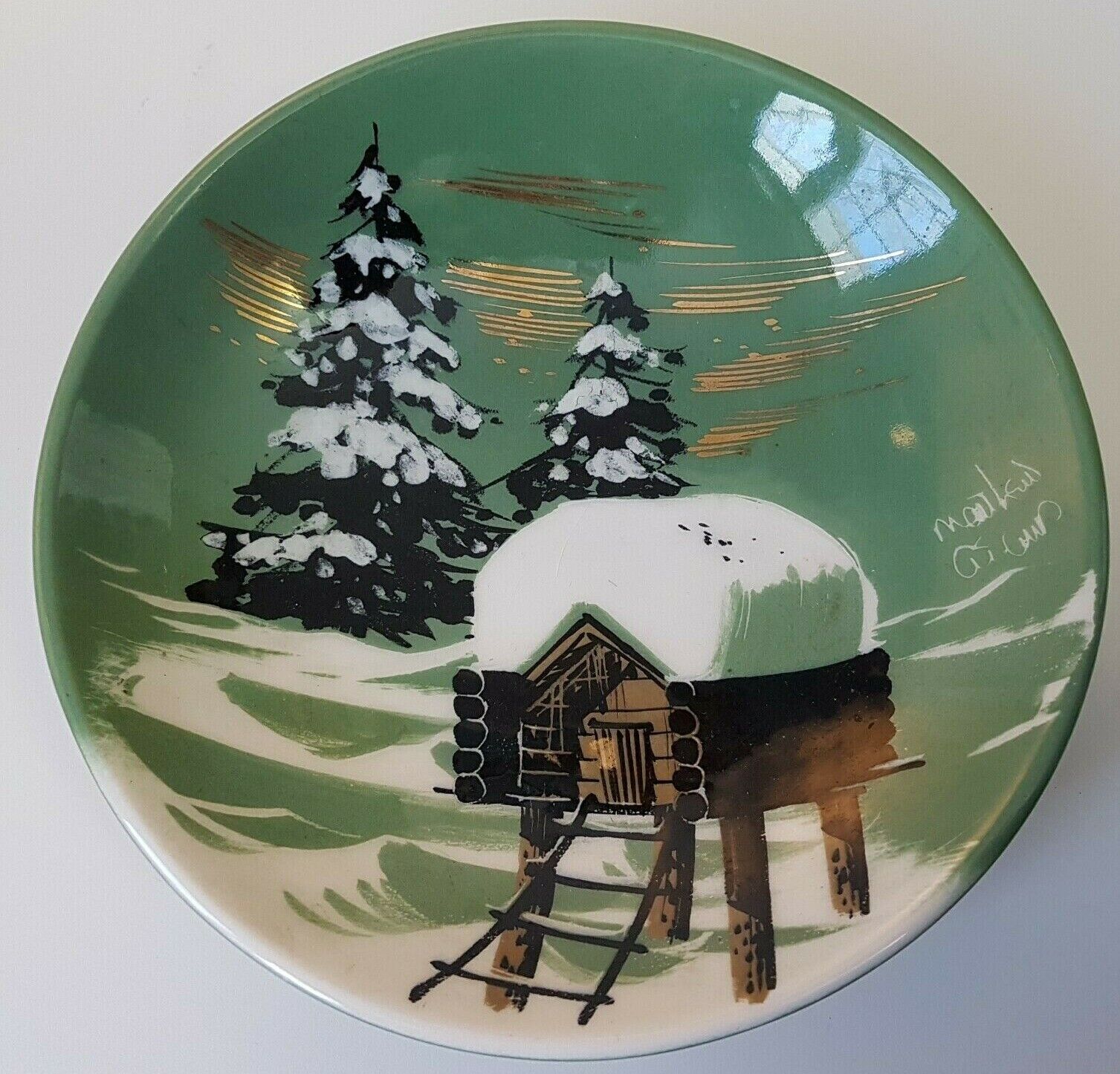Matthew Adams Art Pottery Log Cabin Dish MCM Alaskan Art Painting 8.25\