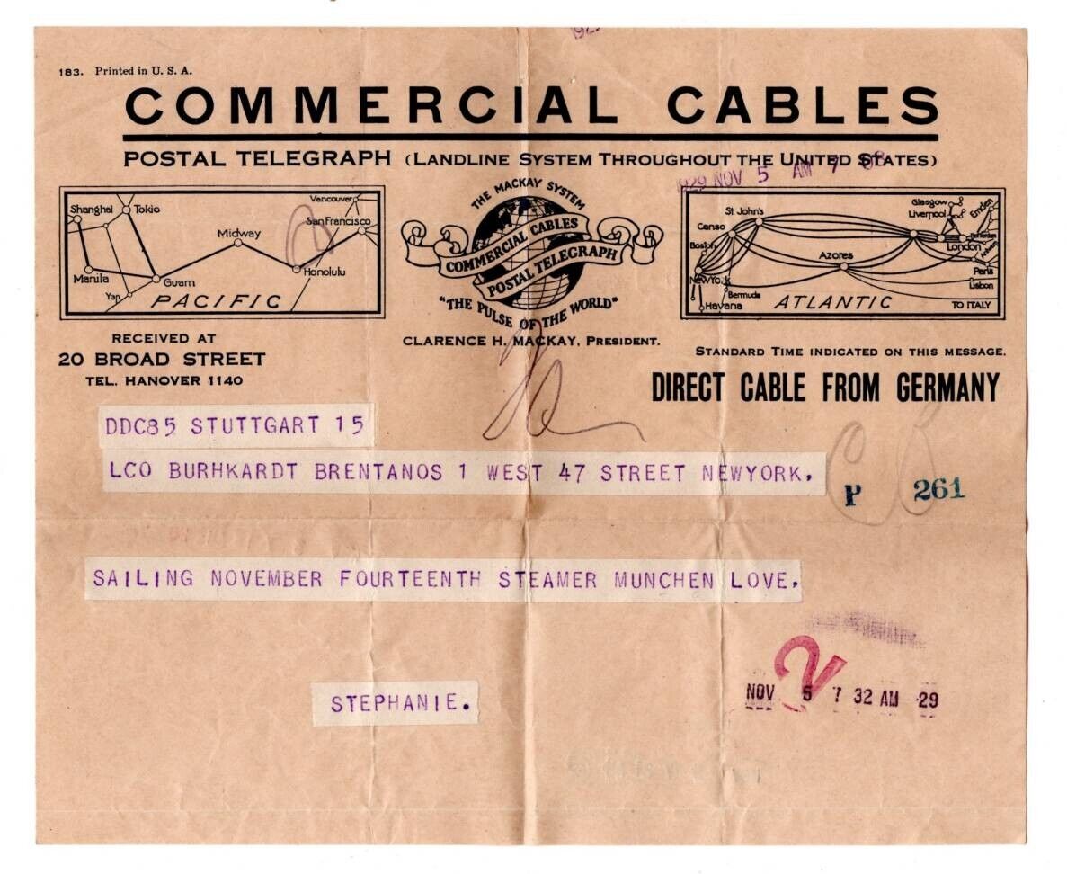 Vintage 1929 Postal Telegraph / Telegram German to USA