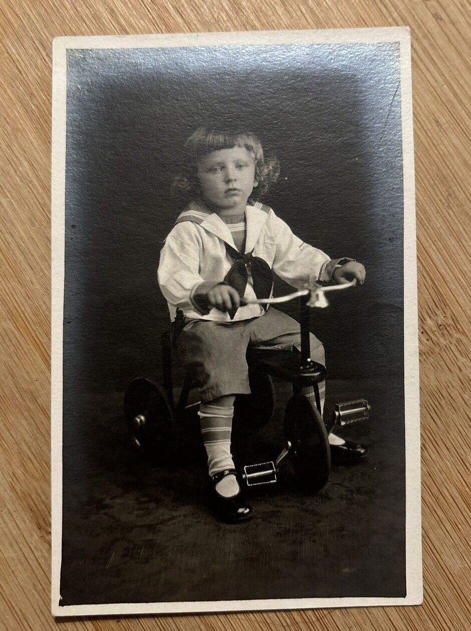 Antique RPPC Postcard Boy in White suit  On Tricycle Circa 1918 