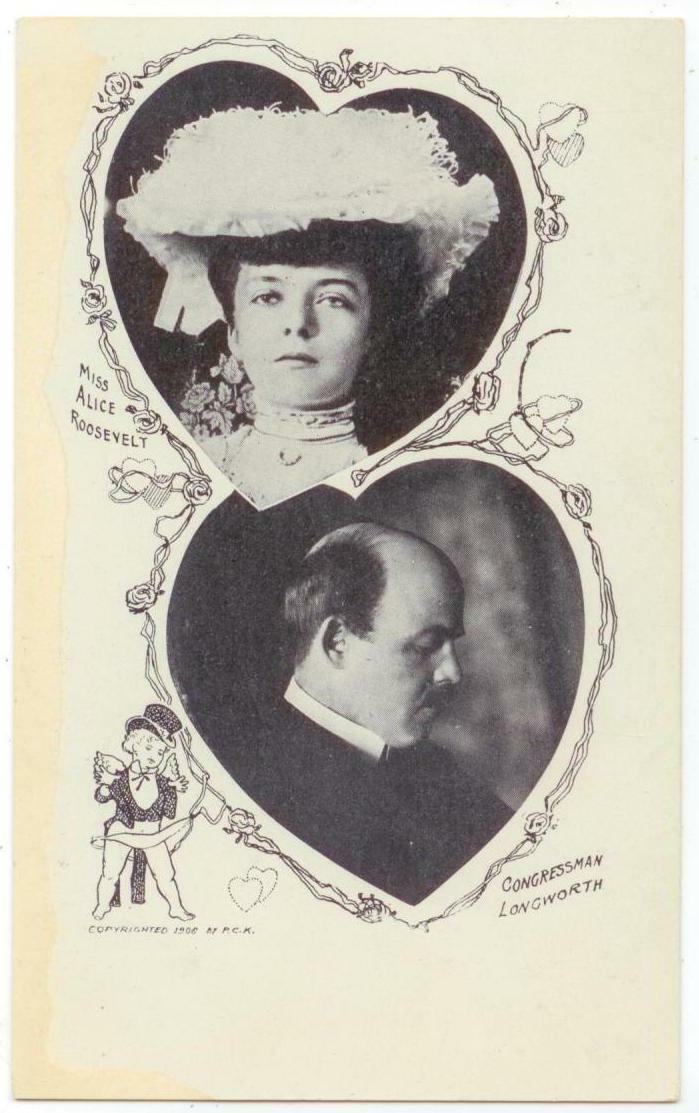 1906 Miss Alice Roosevelt and Congressman Longworth - sweethearts postcard
