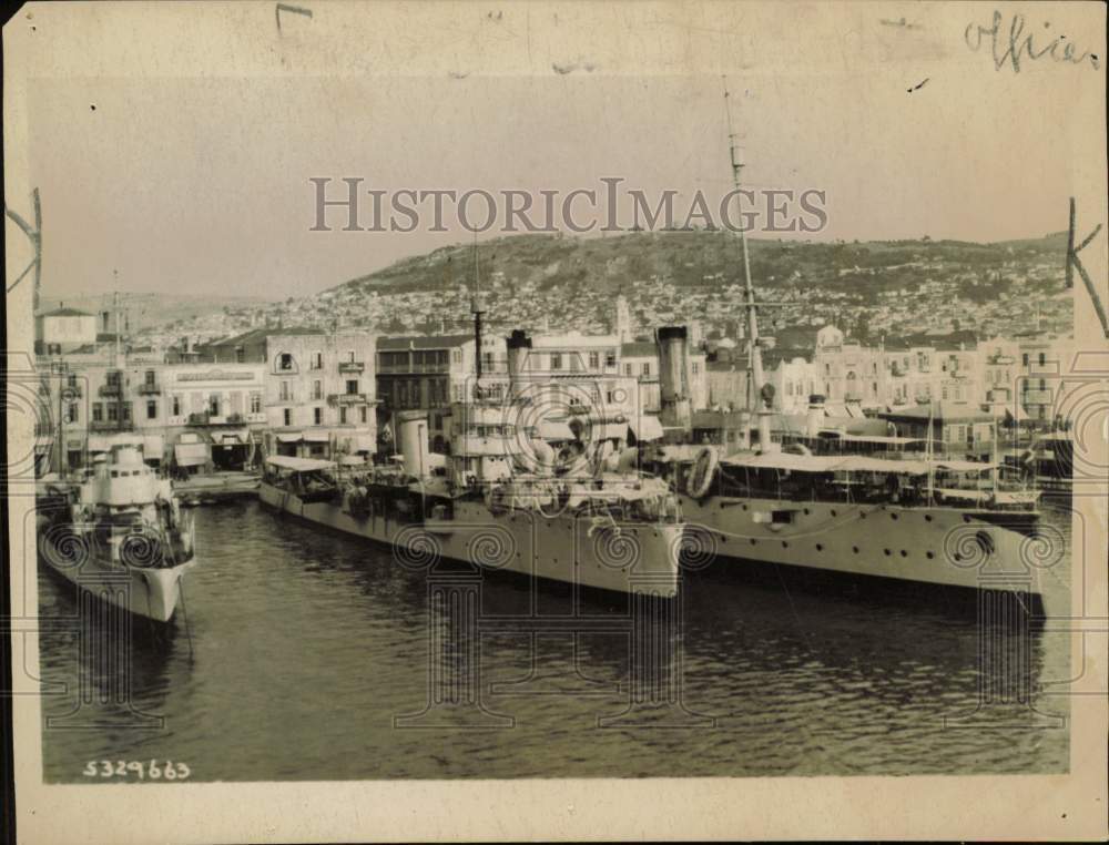 1922 Press Photo French & Italian destroyer ships on guard at Smyrna Waterfront