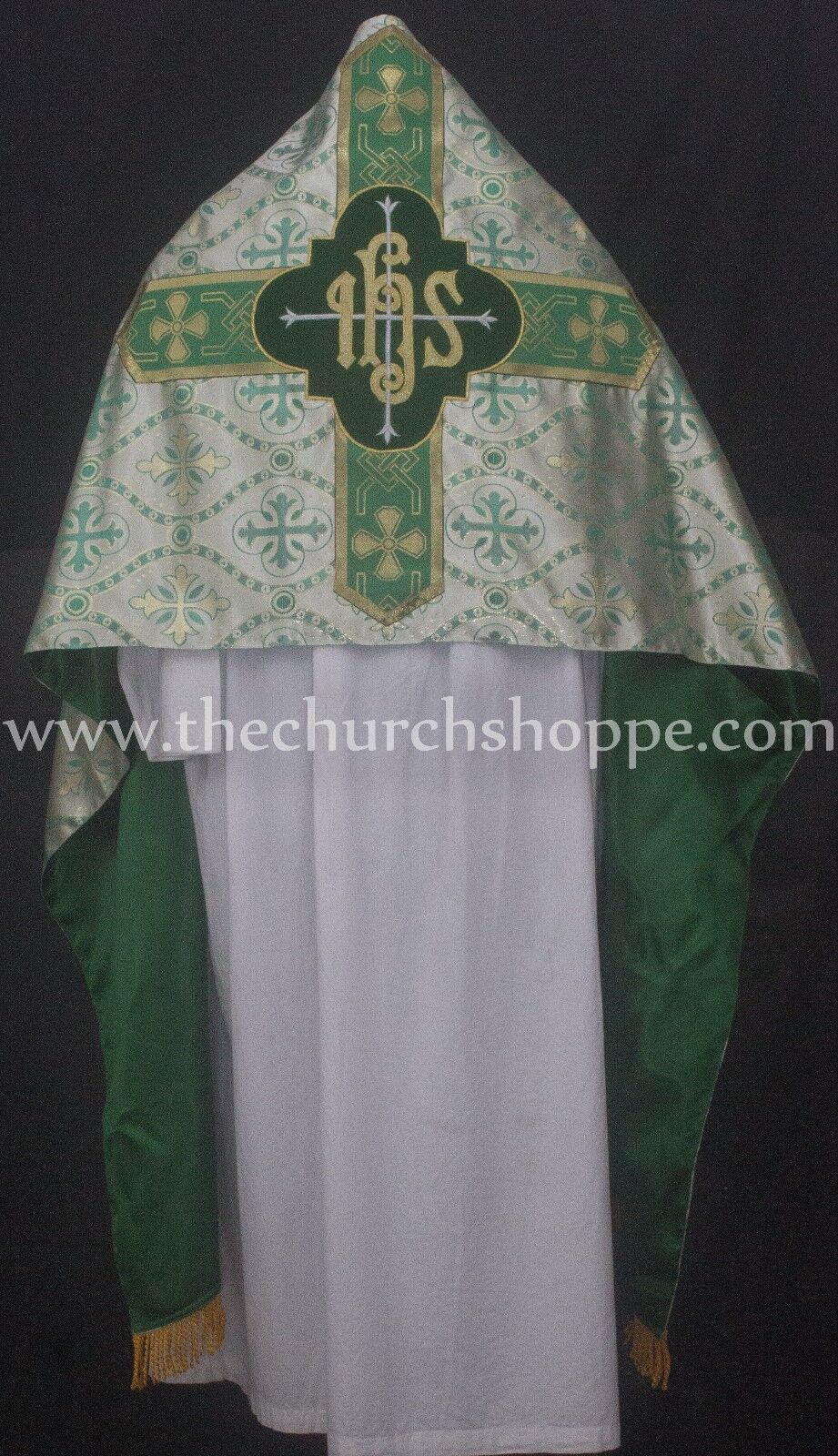 Metallic GREEN Humeral Veil with IHS embroidery voile huméral,velo omerale