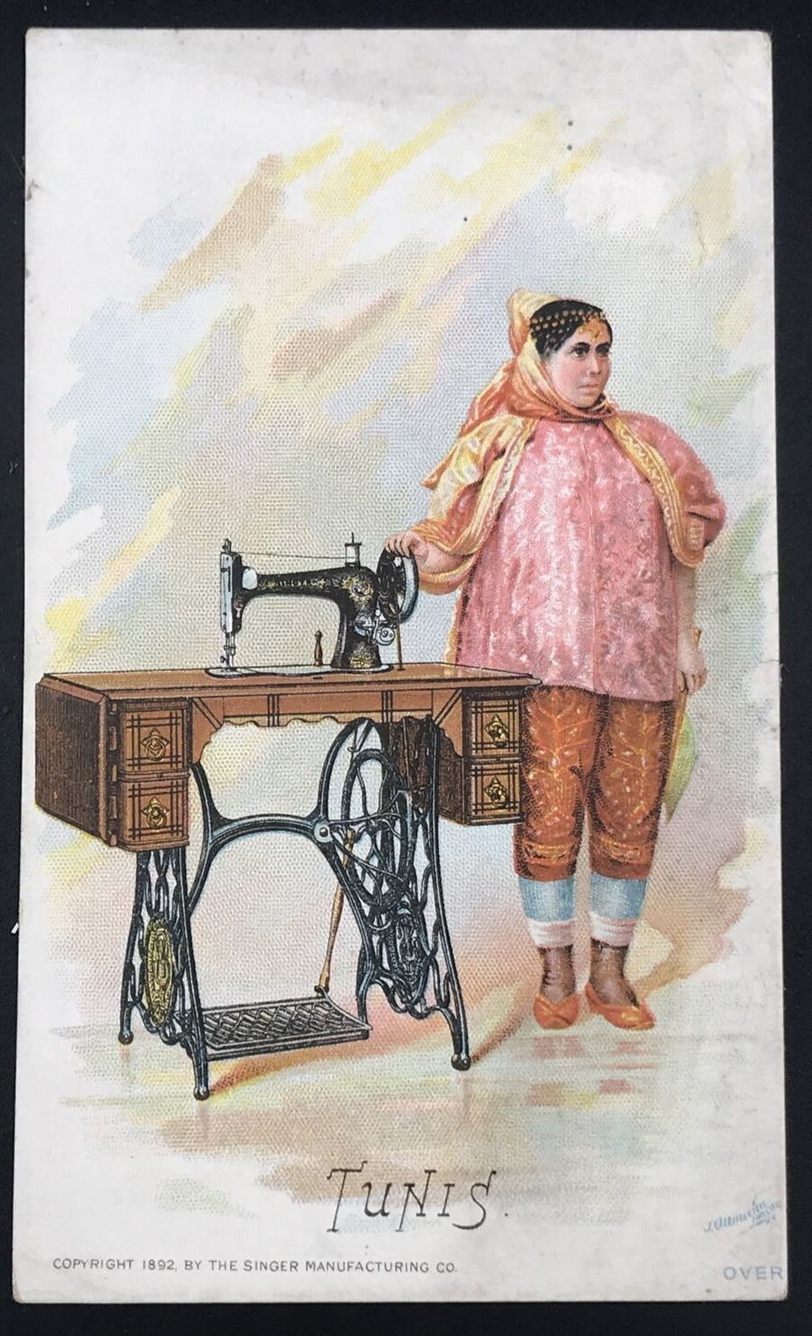 Antique 1892 Singer Sewing Machine Tunis Tunisian Woman Victorian Trade Card