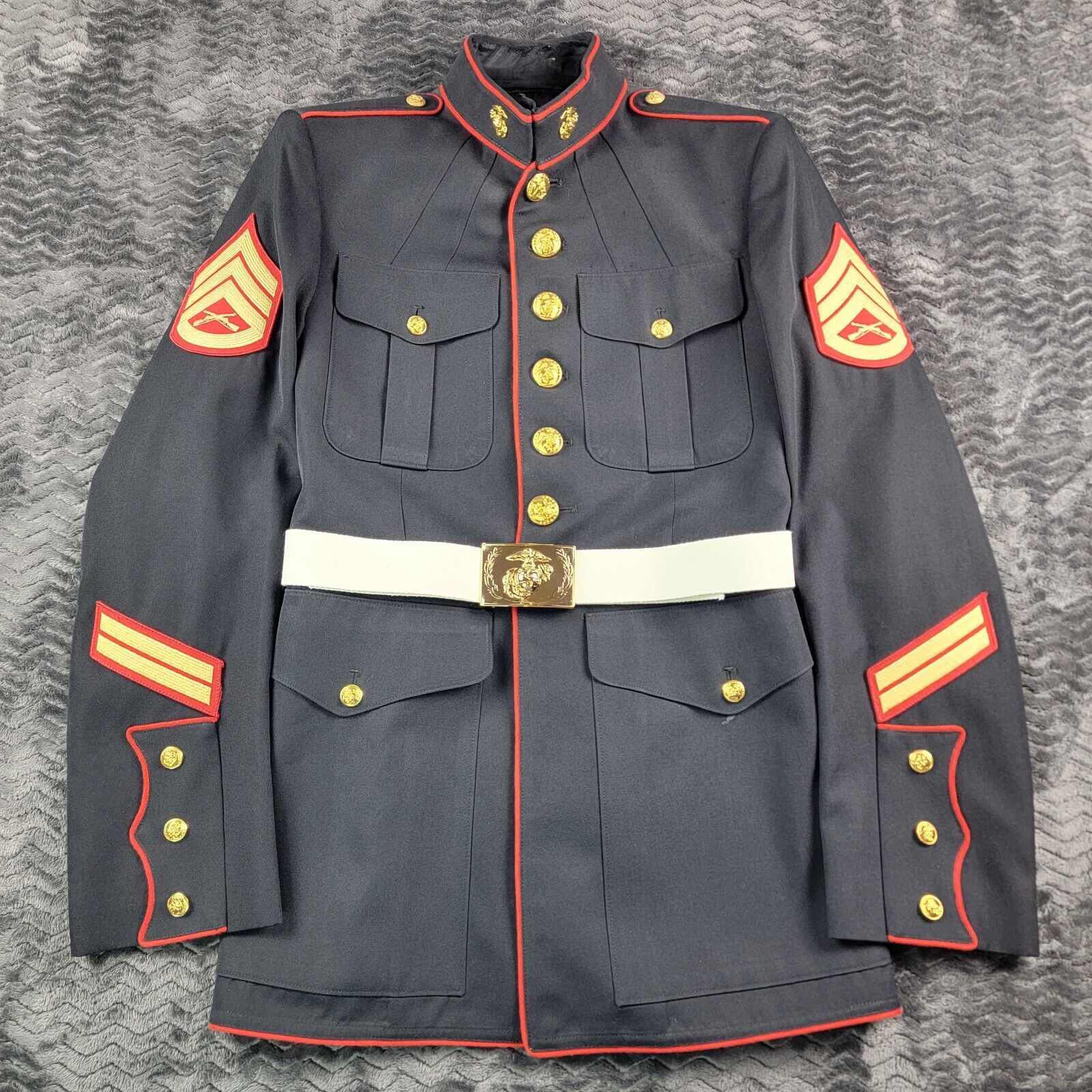 Vintage Marine Corps Dress Blues Jacket Mens 38L Enlisted SNCO Belt Military
