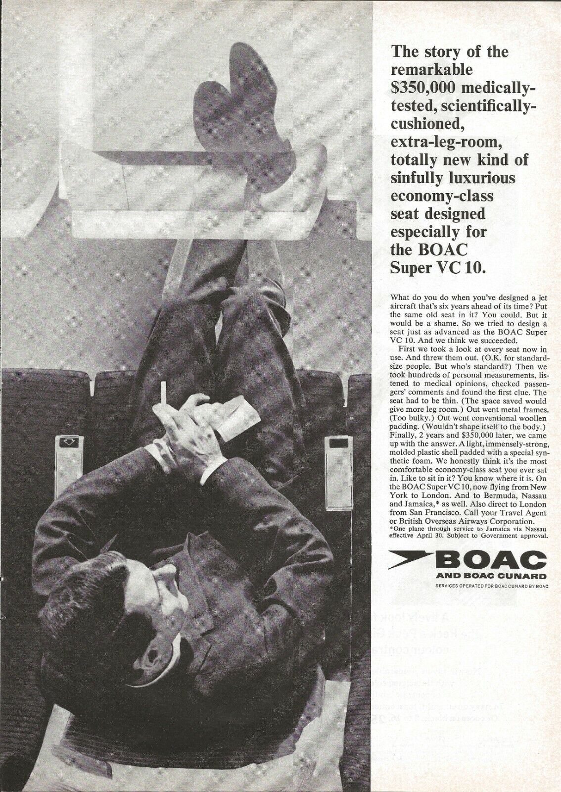 1965 BOAC Super VC 10 Jet Aircraft Economy Class BOAC Cunard Vintage Print Ad r
