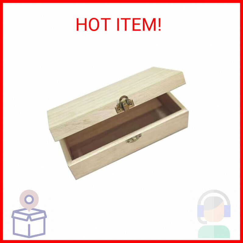 NA Unfinished wooden box, 8x4x2.3 inch storage box with hinge lid, small wooden 