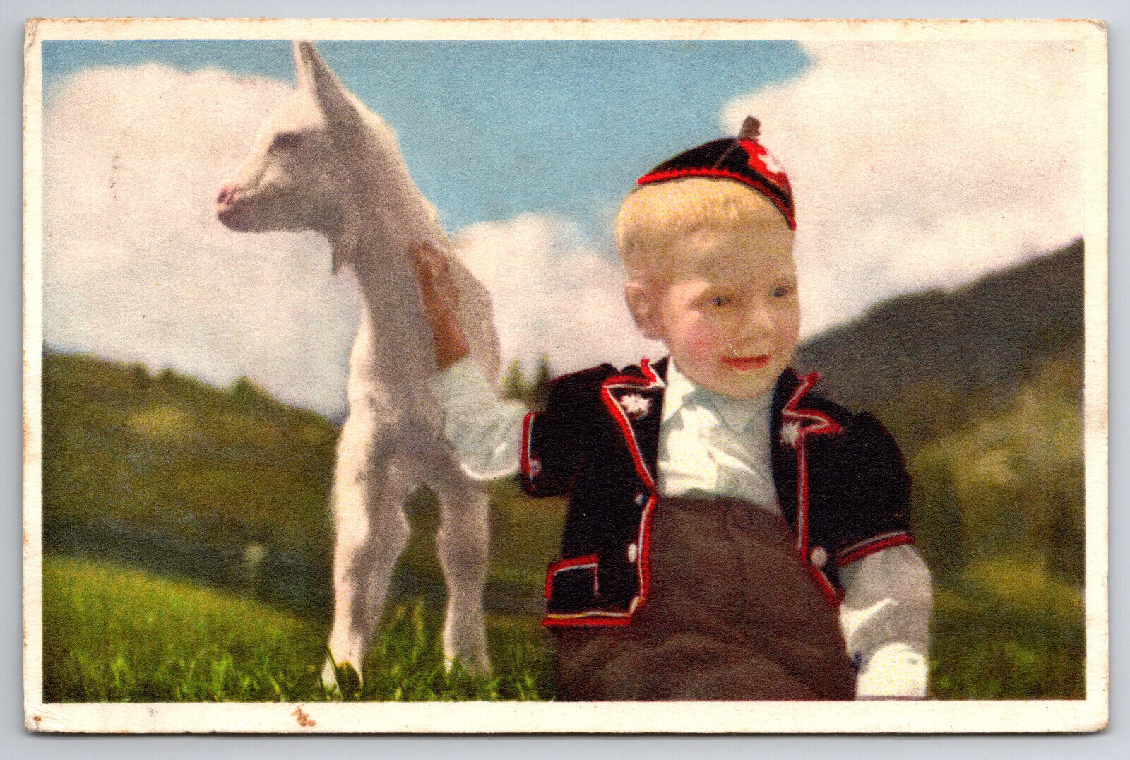 Vintage C1953 Postcard Young Blonde Boy with a Lamb