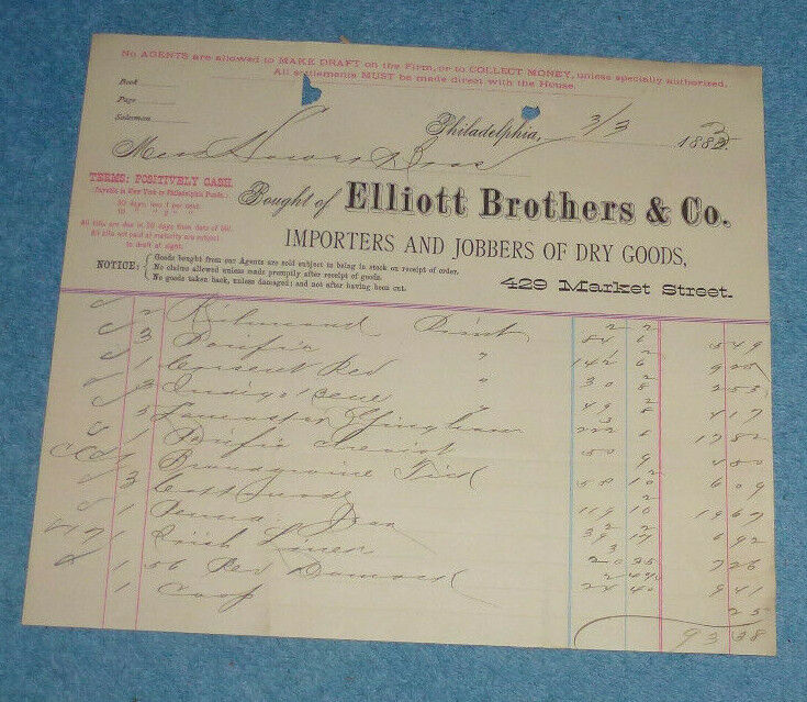 1883 Elliott Brothers & Co. Importers and Jobbers Philadelphia PA Billhead