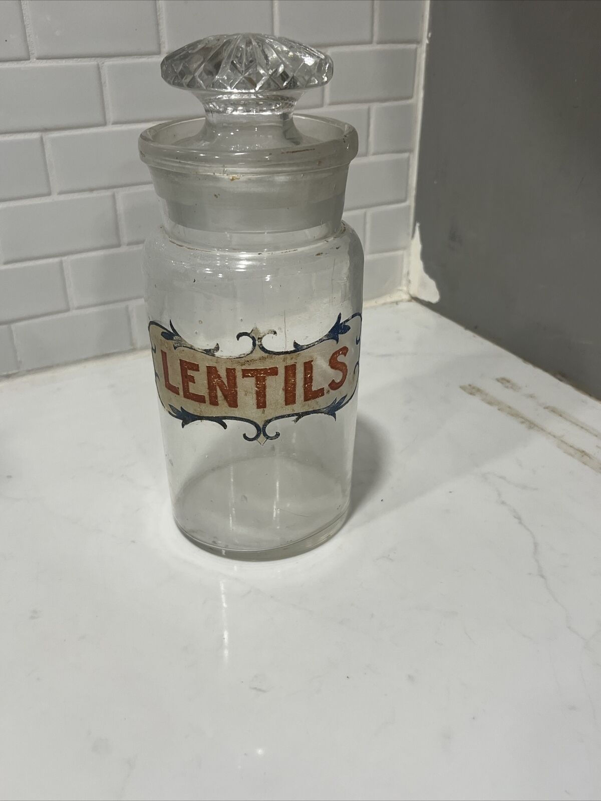 Vintage Antique 11” Tall Glass Lentils Apothecary Kitchen Jar Cool Label