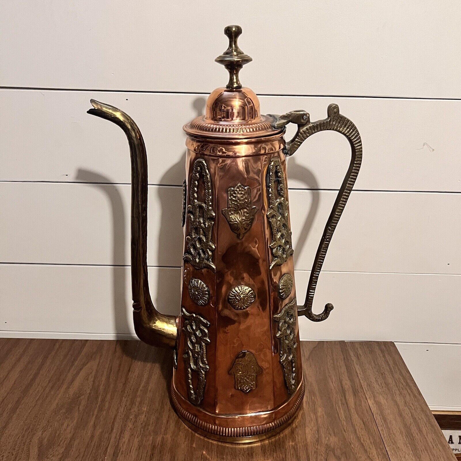 Oversized Berber Style Brass and Copper coffee Pot Turkish 20th century 21” Tall