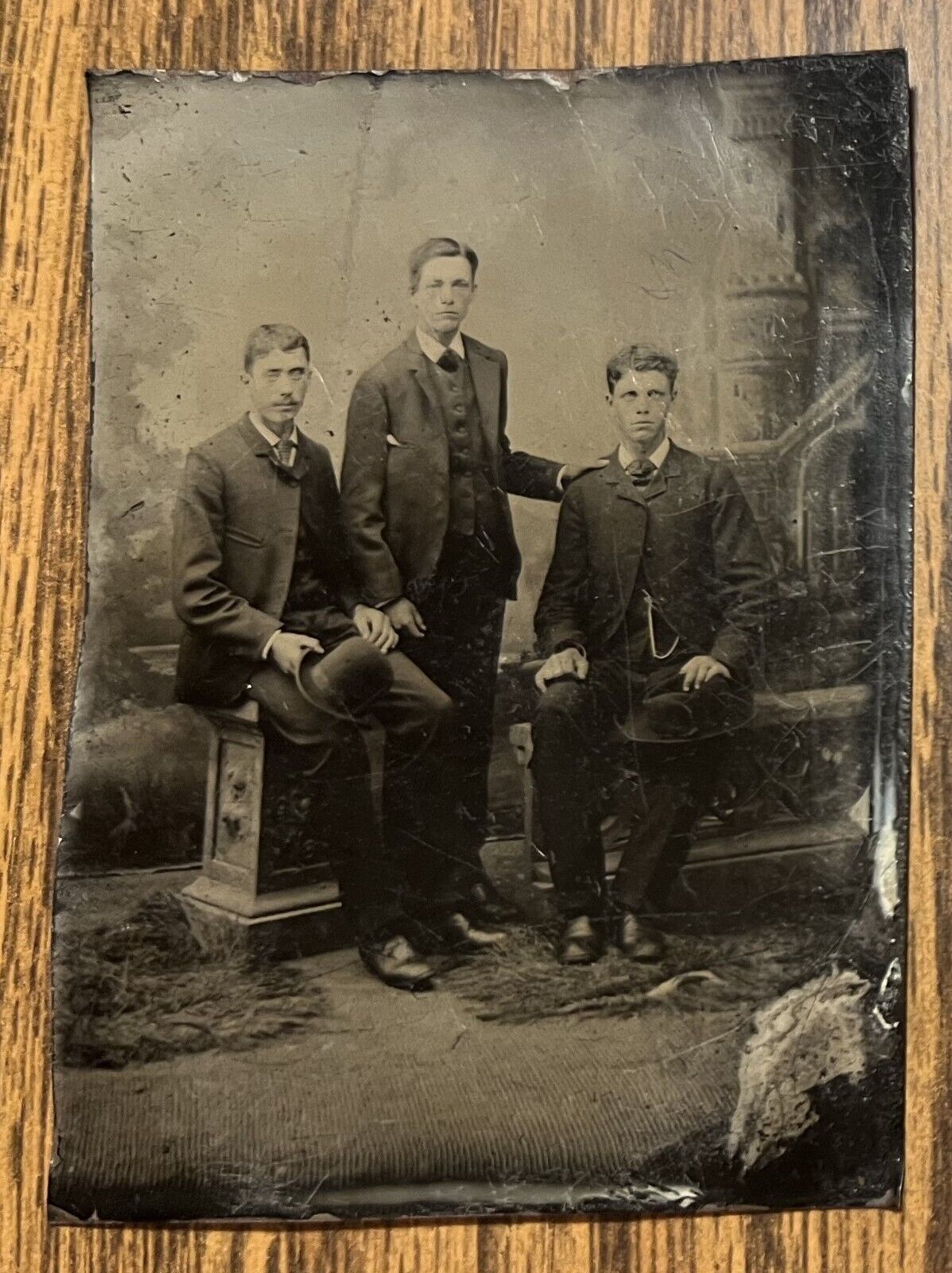 Three Well-Dressed Brothers Tintype, Two with Bowler Hats