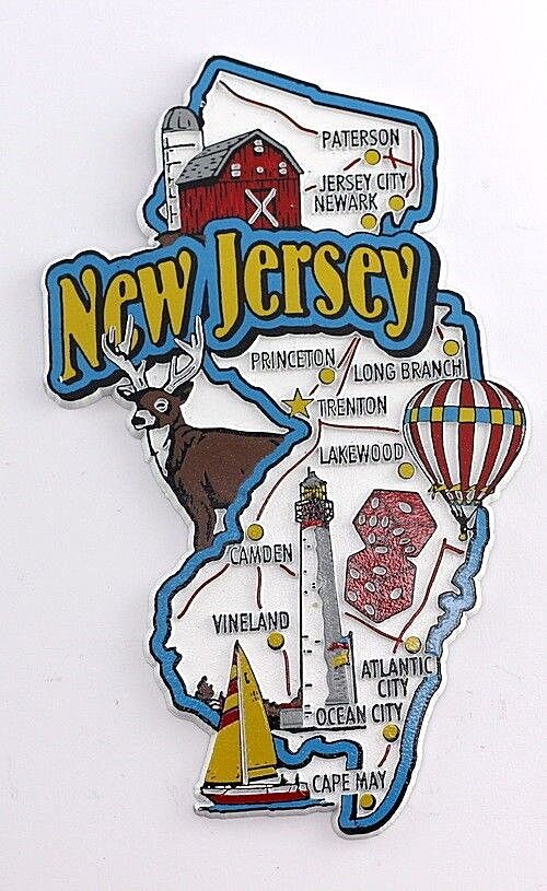 NEW JERSEY STATE MAP AND LANDMARKS COLLAGE FRIDGE COLLECTIBLE SOUVENIR MAGNET