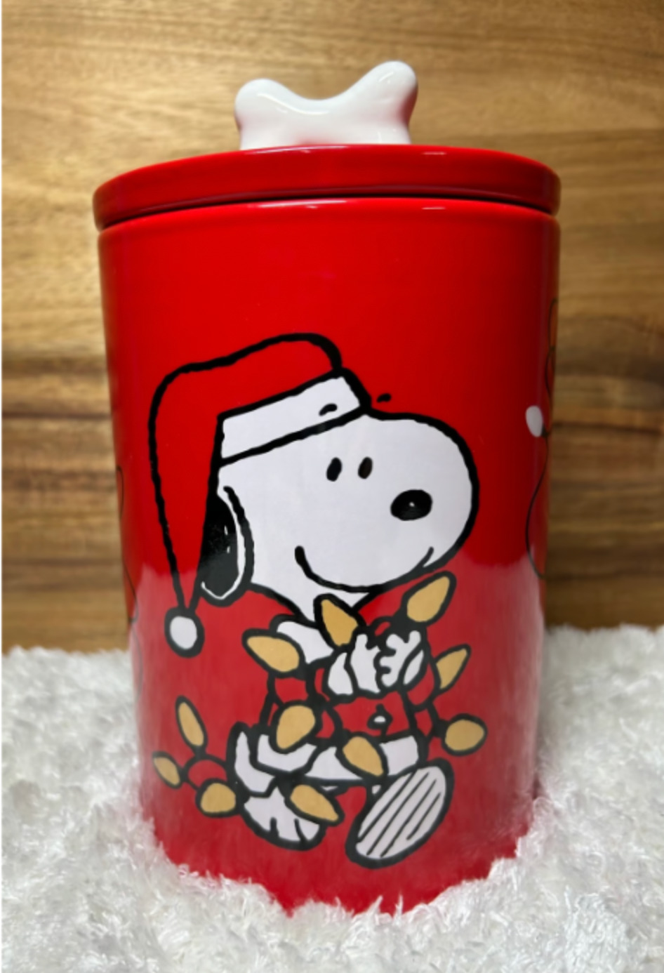 Peanuts Snoopy Happy Holidays Cookie Jar/Canister Red