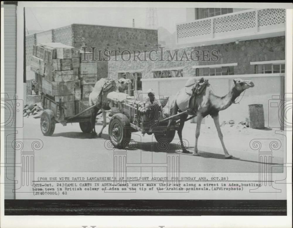 1962 Press Photo Camel Carts on the Streets of Aden - lrw07130
