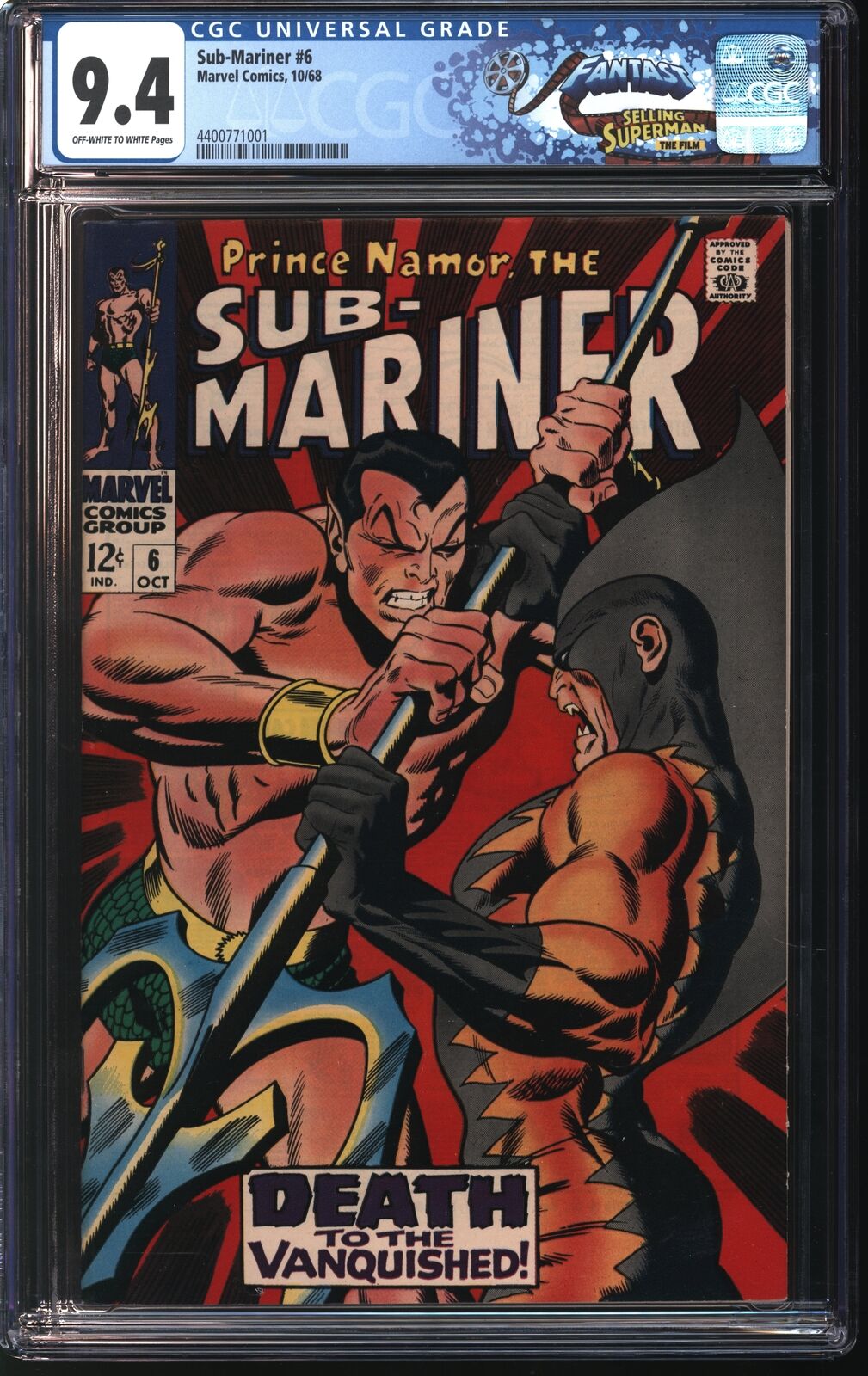 Marvel Sub-Mariner 6 10/68 FANTAST CGC 9.4 Off White to White Pages