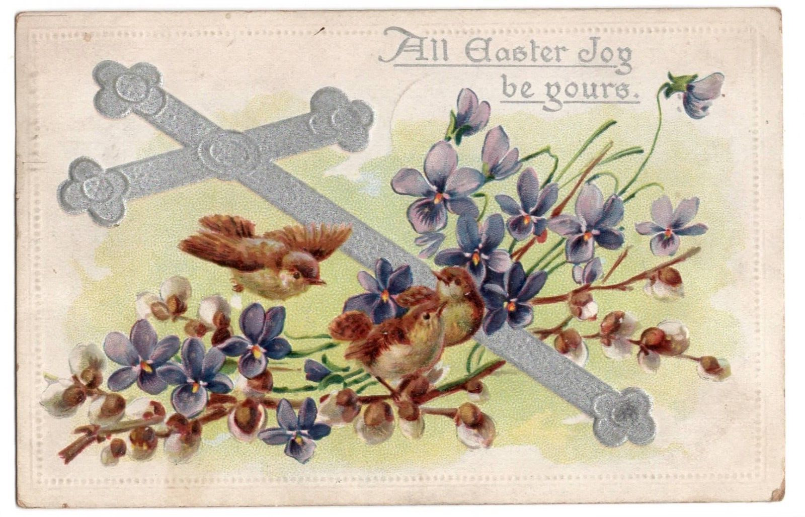 Postcard Easter Tuck Embossed 1900s Birds Willows Forget Me Nots Religious VTG