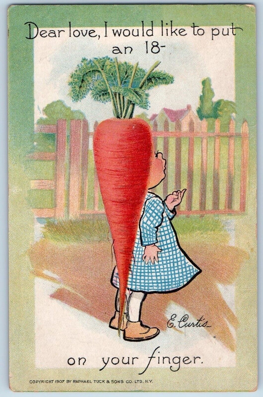 E Curtis Artist Signed Postcard Girl Carrots Head The Garden Patch Tuck c1910\'s