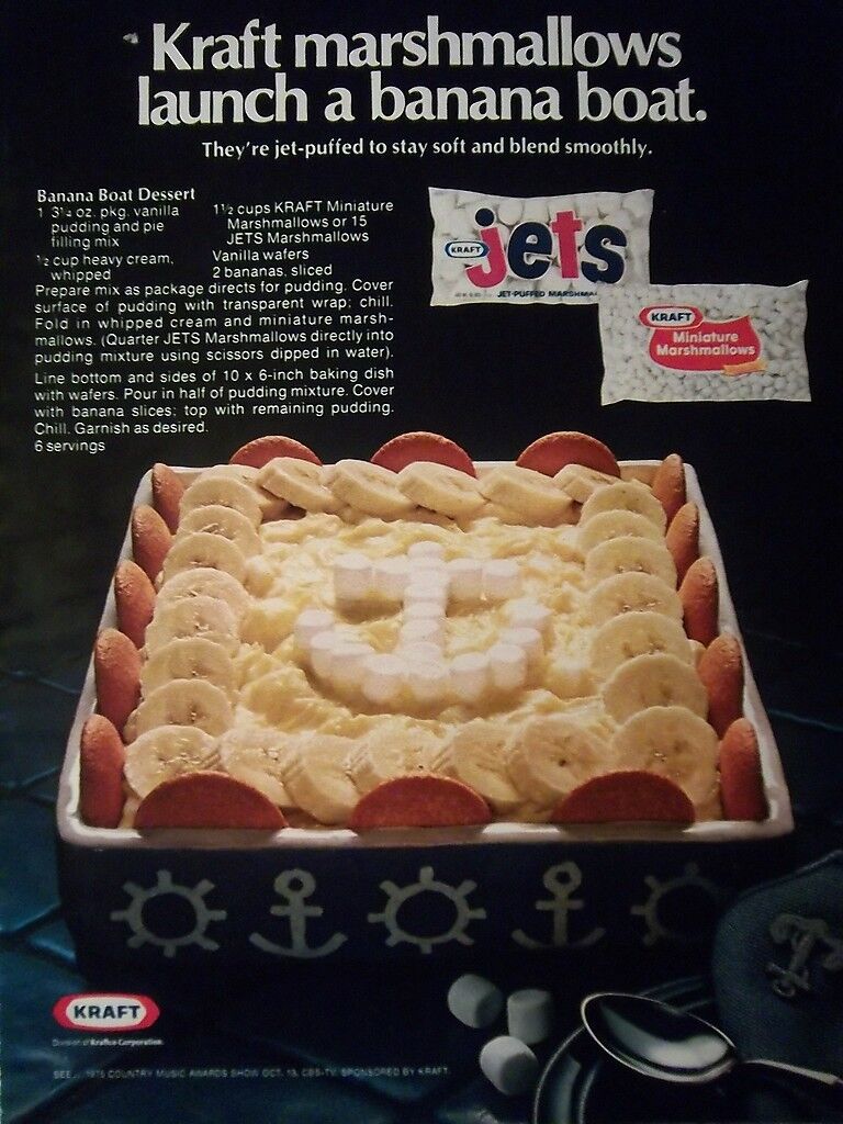 1975 Kraft Miniature Marshmallows Dessert Launch a Banana Boat Dessert Recipe Ad