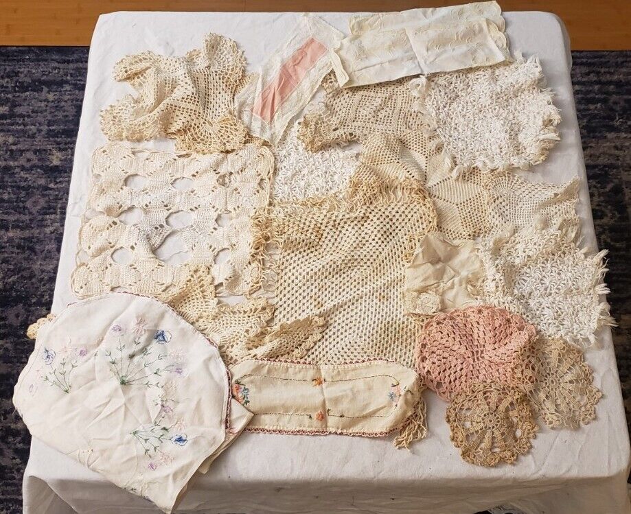 HUGE Lot of 20 VINTAGE 1960s Handmade Doilies/Handkerchiefs/Table Runner Crochet