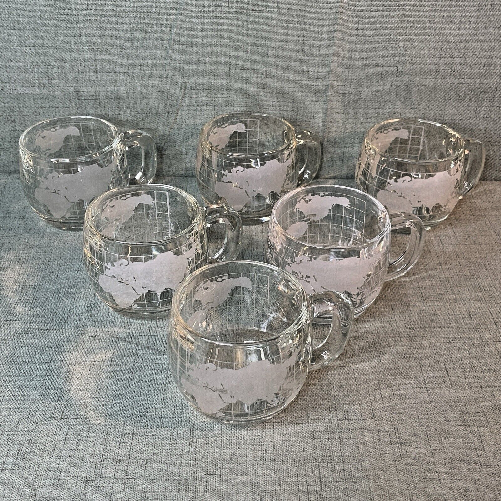 Nestle Nescafe World Globe Coffee Mugs Cups Clear Glass White Etched Set of 6