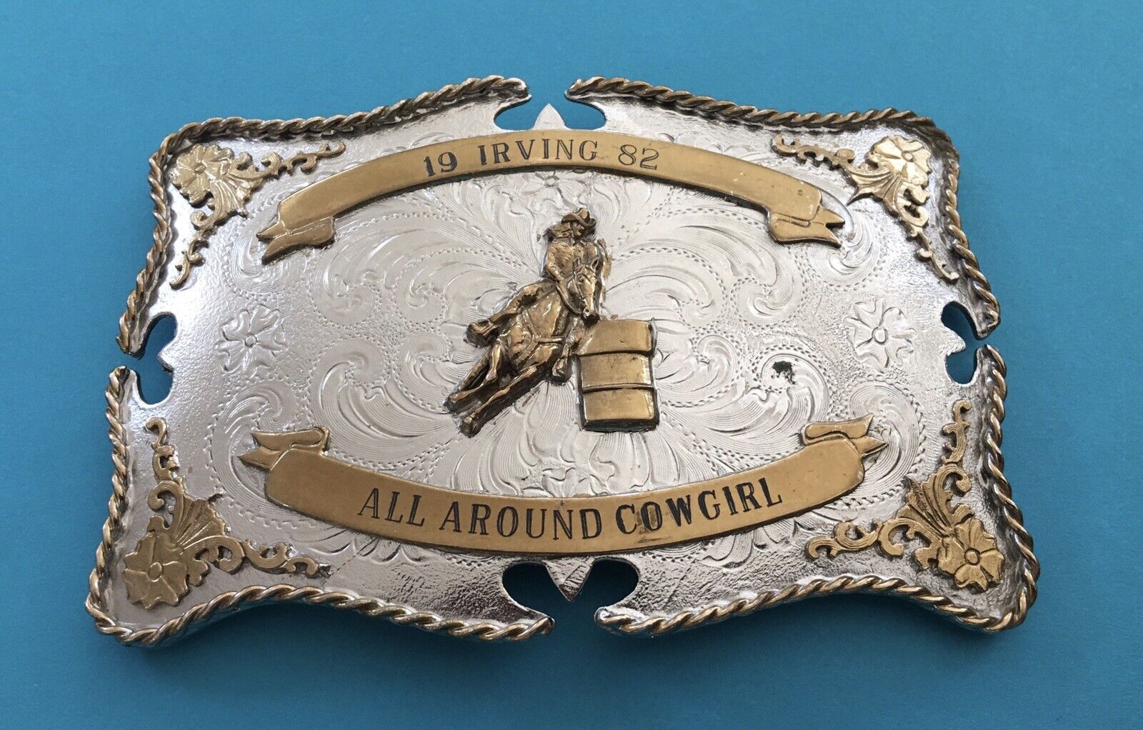 Rare Vintage Western American 1982 Irving All Around Cowgirl Trophy Belt Buckle