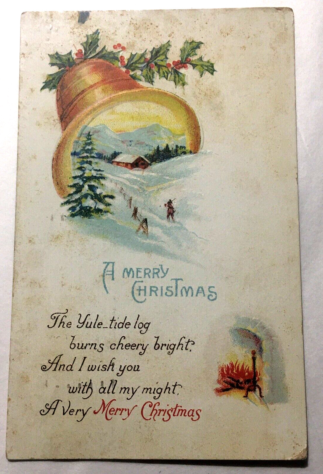 Antique Vintage Postcard Christmas Bell Fireplace Holly Snow USA Posted 1 cent