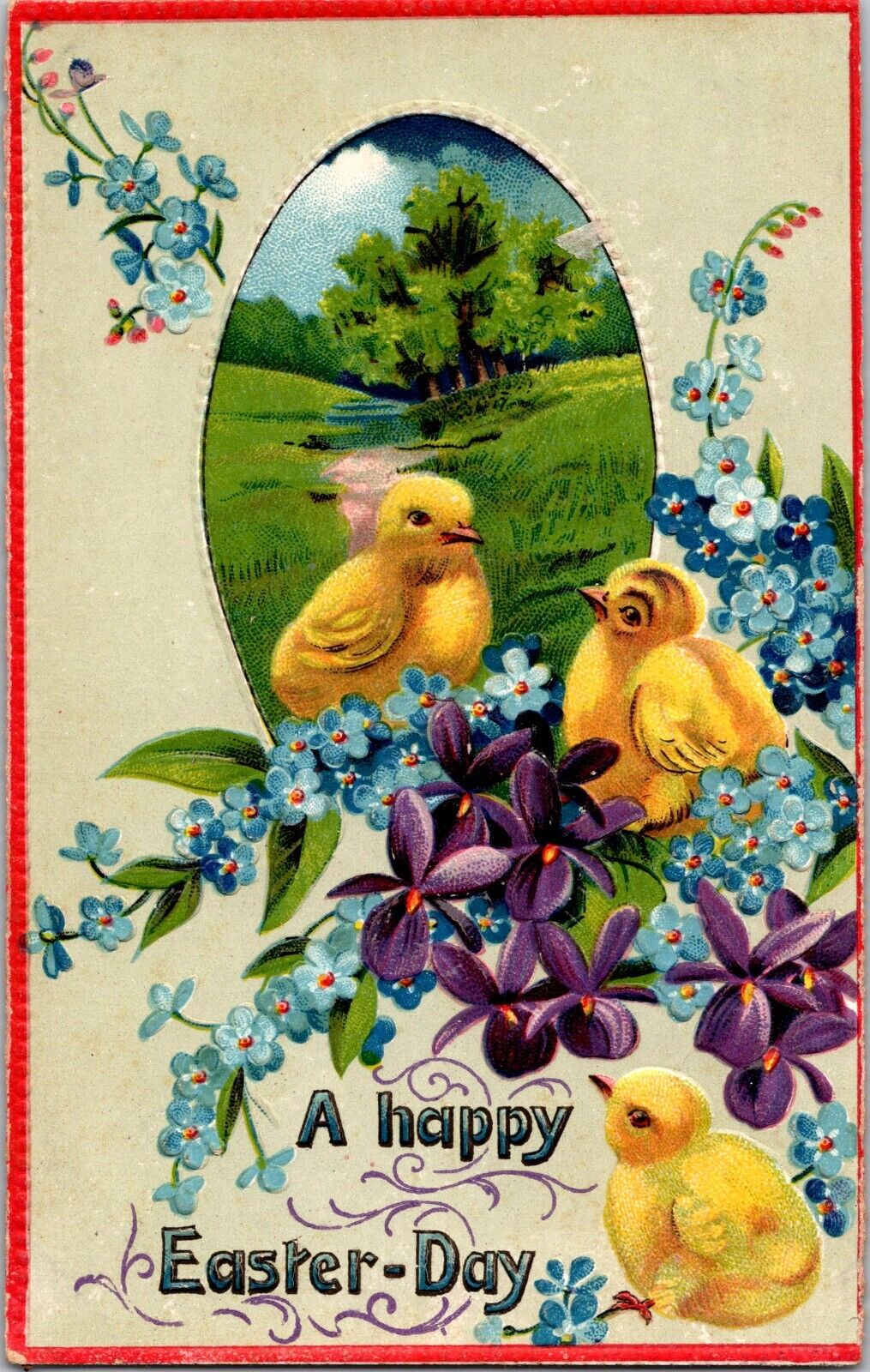 c1910 Antique Easter Postcard. Chicks\' flowers embossed a1
