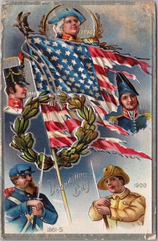 c1910s DECORATION DAY / Memorial Day Embossed Postcard Soldiers / U.S. Flag